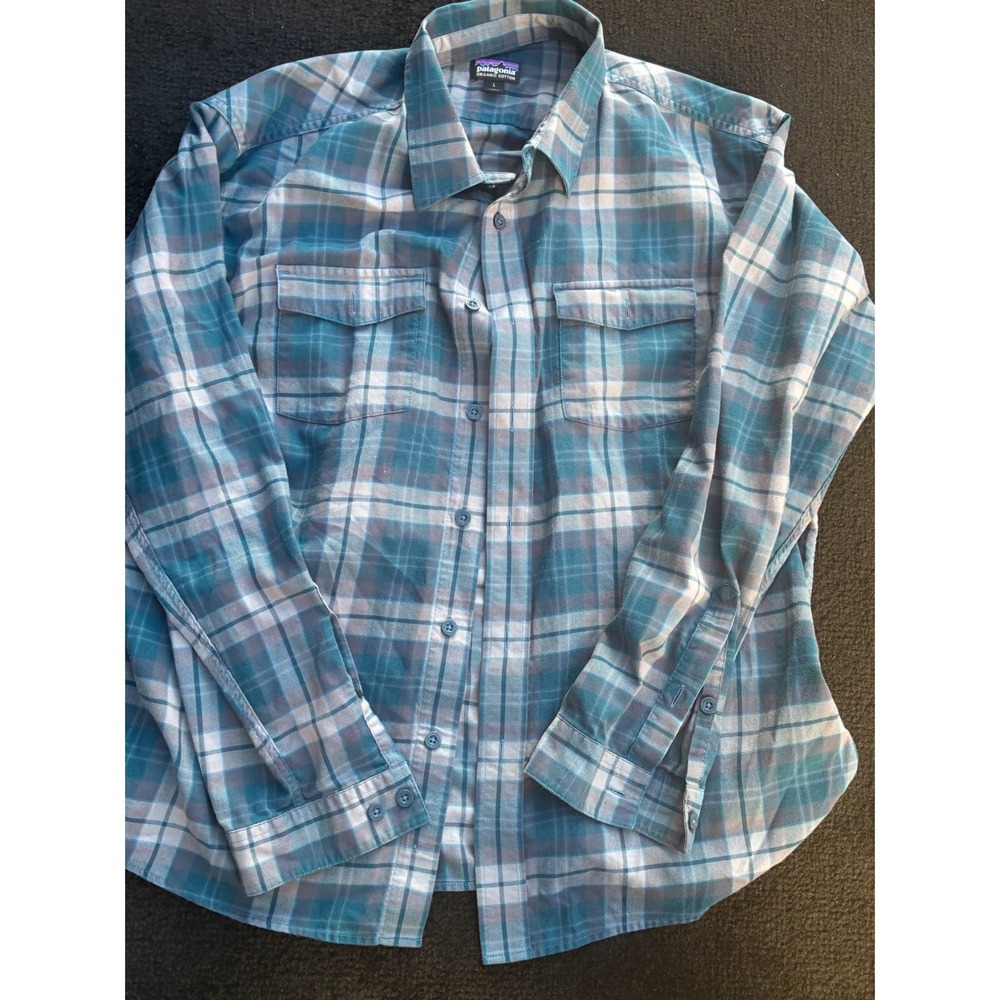 Patagonia Mens Large Organic Cotton Plaid Button Down Shirt Blue Teal L/S